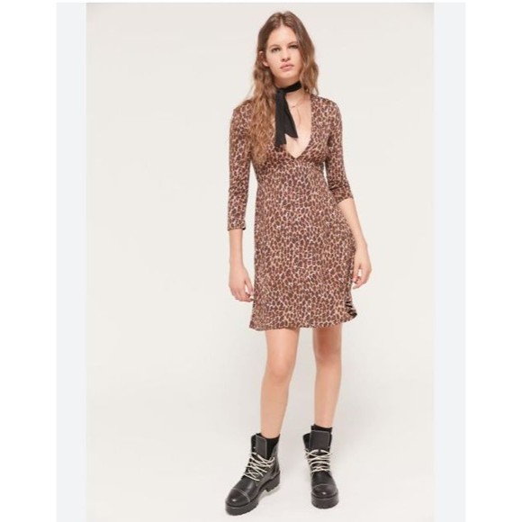 Urban Outfitter Medium Mercer Plunge Mini Dress Leopard Print Brown Deep V-Neck - Picture 1 of 14